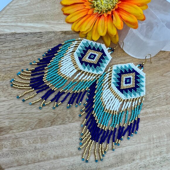 Handmade Beaded Native American Style Long & Large Fringe Dangle Drop Earrings - Picture 5 of 9